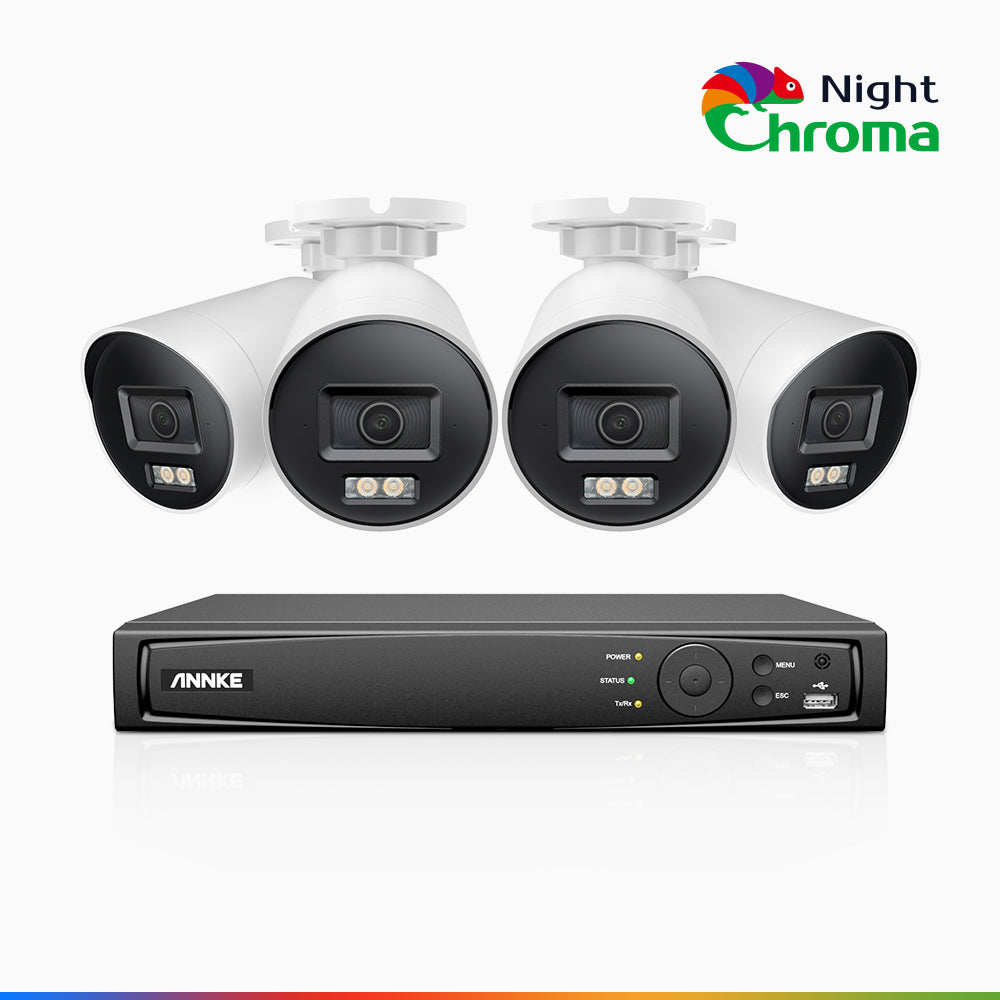 NightChroma<sup>TM</sup> NBRK800 - 4K  8 Channel 4 Cameras Outdoor PoE Security  System, Red Blue Flashing Lights & Siren, 3840*2160@25 fps, Acme Color & IR Night Vision, Human & Vehicle Detection, Two-Way Audio, IP67 Weatherproof