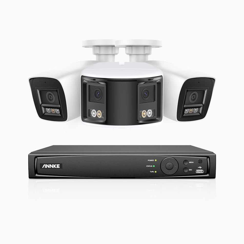 HDCK680 - 8 Channel PoE NVR Security System with Two 4K Cameras & One 6MP Dual Lens Panoramic Camera (180° Ultra Wide Angle), Human & Vehicle Detection, Built-in Microphone, Two-Way Audio