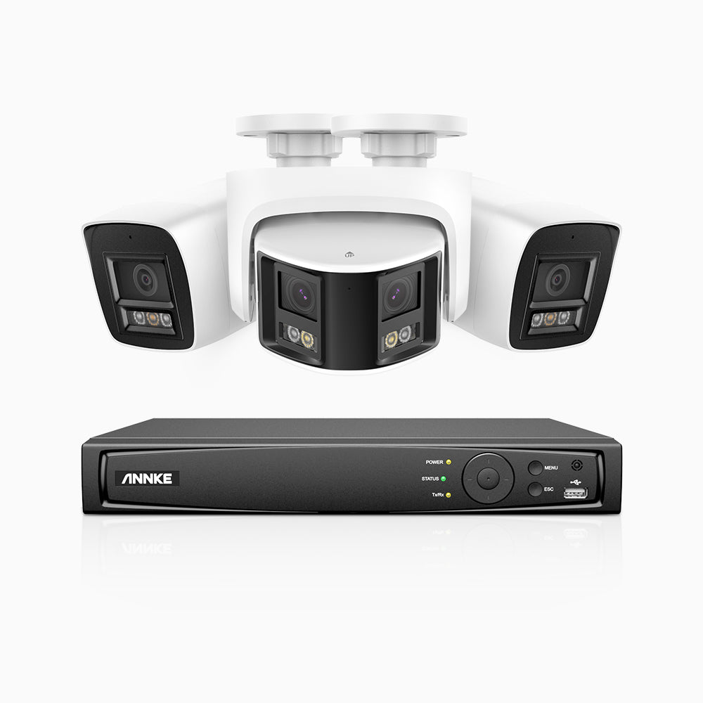 HDCK680 - 8 Channel PoE NVR Security System with Two 4K Cameras & One 6MP Dual Lens Panoramic Camera (180° Ultra Wide Angle), Human & Vehicle Detection, Built-in Microphone, Two-Way Audio