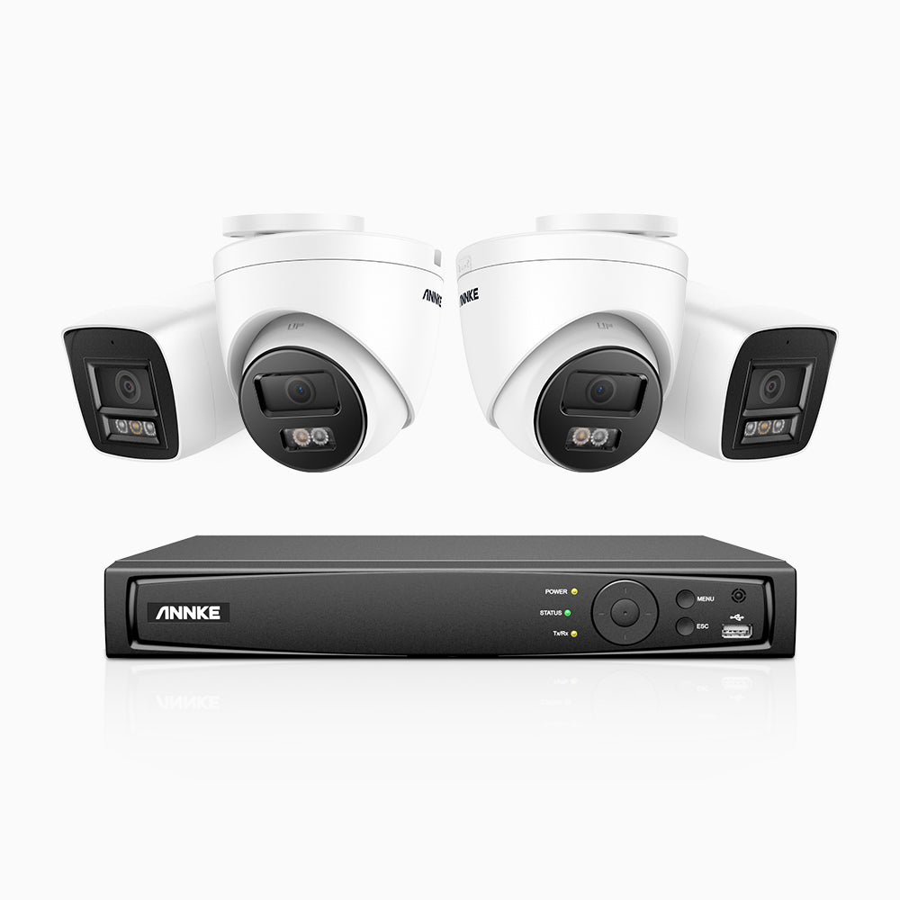 H1200 - 4K 12MP 8 Channel PoE Security System with  2 Bullet & 2 Turret Cameras, Color & IR Night Vision, Human & Vehicle Detection, H.265+, Built-in Microphone, Max. 512 GB Local Storage, IP67