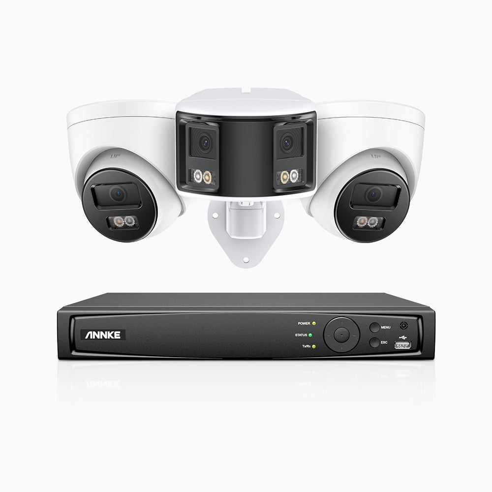 HDCK680 - 8 Channel PoE NVR Security System with Two 4K Cameras & One 6MP Dual Lens Panoramic Camera (180° Ultra Wide Angle), Human & Vehicle Detection, Built-in Microphone, Two-Way Audio