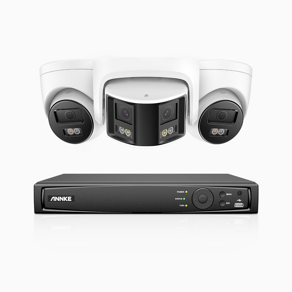 HDCK680 - 8 Channel PoE NVR Security System with Two 4K Cameras & One 6MP Dual Lens Panoramic Camera (180° Ultra Wide Angle), Human & Vehicle Detection, Built-in Microphone, Two-Way Audio