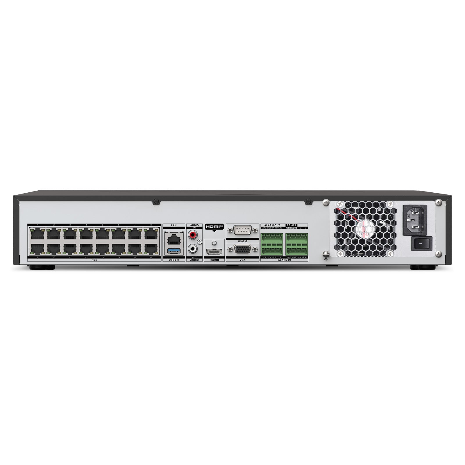 4K 32 Channel PoE NVR Recorder with 16 PoE Ports, 12MP Video Resolution, 4 Hard Drive Bays, H.265+, Motion Detection, Remote Access