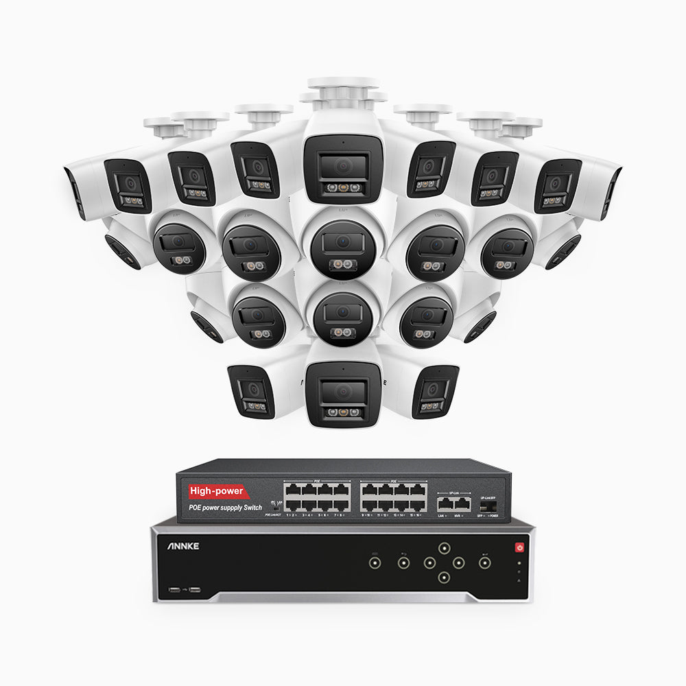 H1200 - 4K 12MP 32 Channel PoE Security System with 12 Bullet & 12 Turret Cameras, Color & IR Night Vision, Human & Vehicle Detection, H.265+, Built-in Microphone, Max. 512 GB Local Storage, IP67