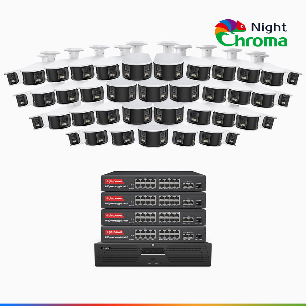 NightChroma<sup>TM</sup> NDK800 – 4K 64 Channel 40 Panoramic Dual Lens Cameras PoE Security System, f/1.0 Super Aperture, Acme Color Night Vision, Active Siren and Strobe, Human & Vehicle Detection, 2CH 4K Decoding Capability, Built-in Mic ,Two-Way Audio