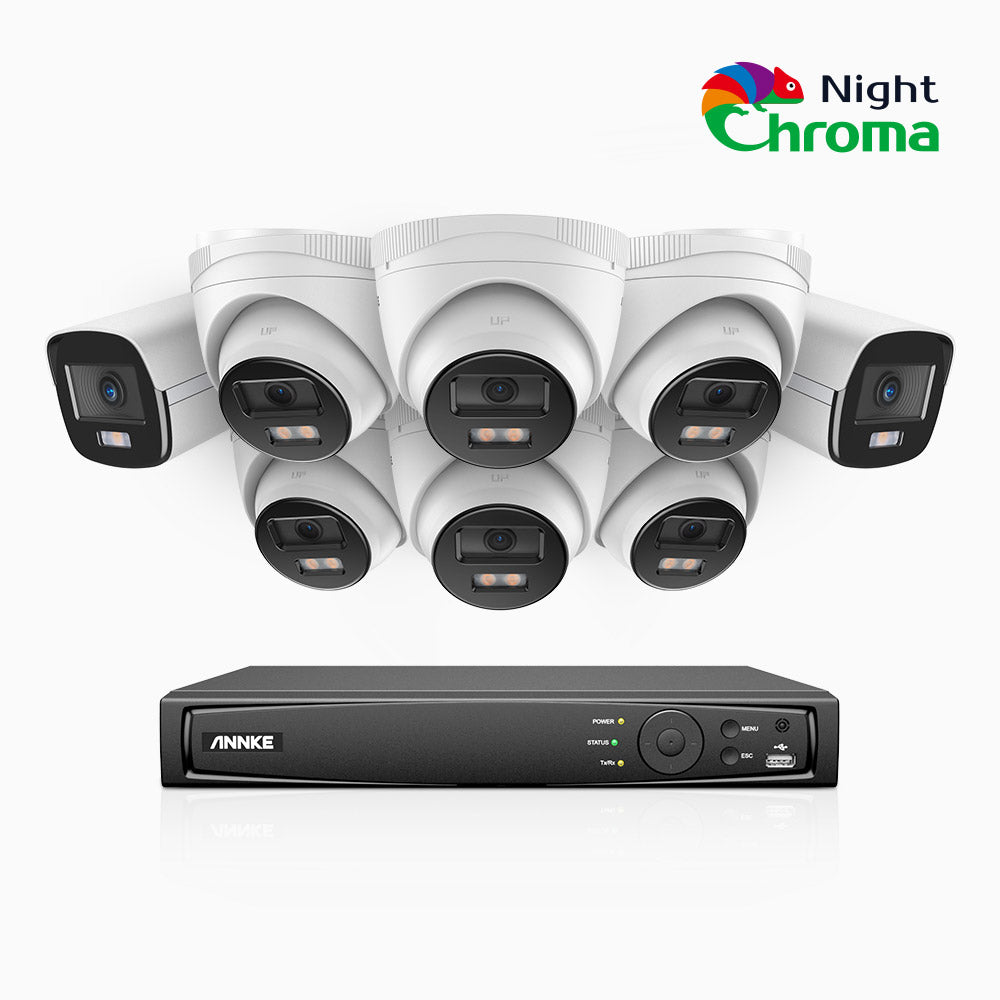 NightChroma<sup>TM</sup> NCK500 - 3K 8 Channel PoE Security System with 2 Bullet & 6 Turret Cameras, Acme Color Night Vision, f/1.0 Super Aperture, Active Alignment, Built-in Microphone, IP67