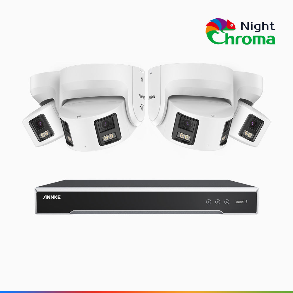 NightChroma<sup>TM</sup> NDK800 – 4K 8 Channel 4 Panoramic Dual Lens Cameras PoE Security System, f/1.0 Super Aperture, Acme Color Night Vision, Active Siren and Strobe, Human & Vehicle Detection, 2CH 4K Decoding Capability, Built-in Mic ,Two-Way Audio