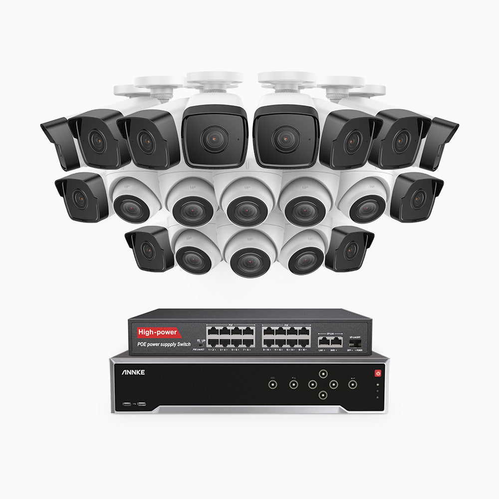 H500 - 3K 32 Channel PoE Security System with 12 Bullet & 8 Turret Cameras, EXIR 2.0 Night Vision, Built-in Mic & SD Card Slot, Works with Alexa, 16-Port PoE Switch Included ,IP67 Waterproof, RTSP Supported