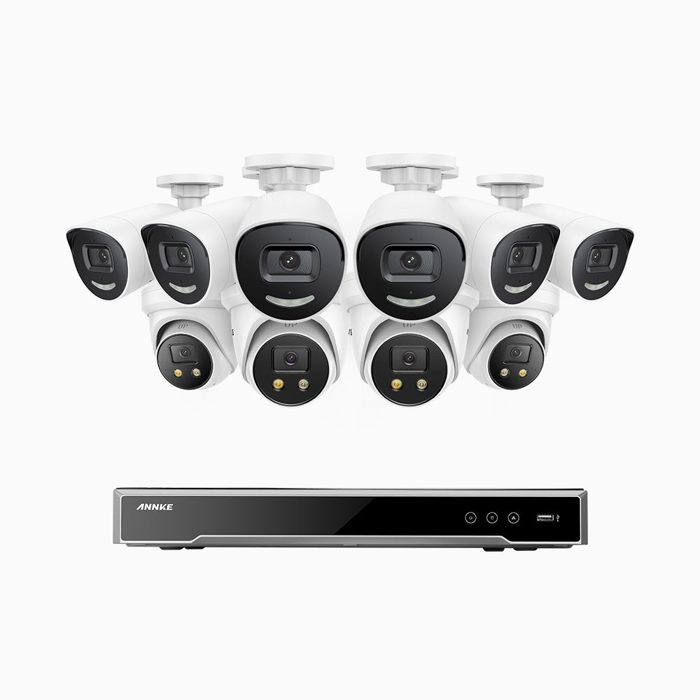 AH800 - 4K 16 Channel PoE Security System with 6 Bullet & 4 Turret Cameras, 1/1.8'' BSI Sensor, f/1.6 Aperture (0.003 Lux), Siren & Strobe Alarm,Two-Way Audio, Human & Vehicle Detection,  Perimeter Protection, Works with Alexa